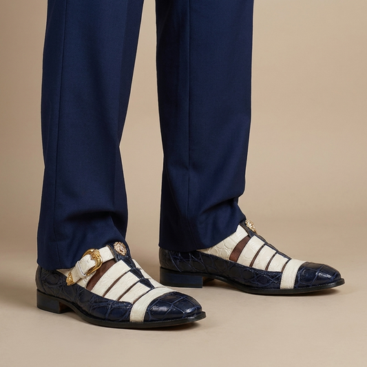 Mauri 3082 two-color navy and white alligator leather sandals with open toe and adjustable strap for men.