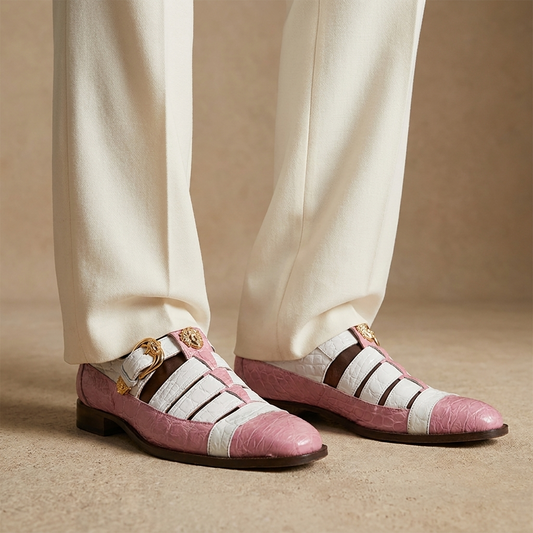 Mauri 3082 two-color alligator leather sandals for women, featuring pink and neutral tones with adjustable straps.