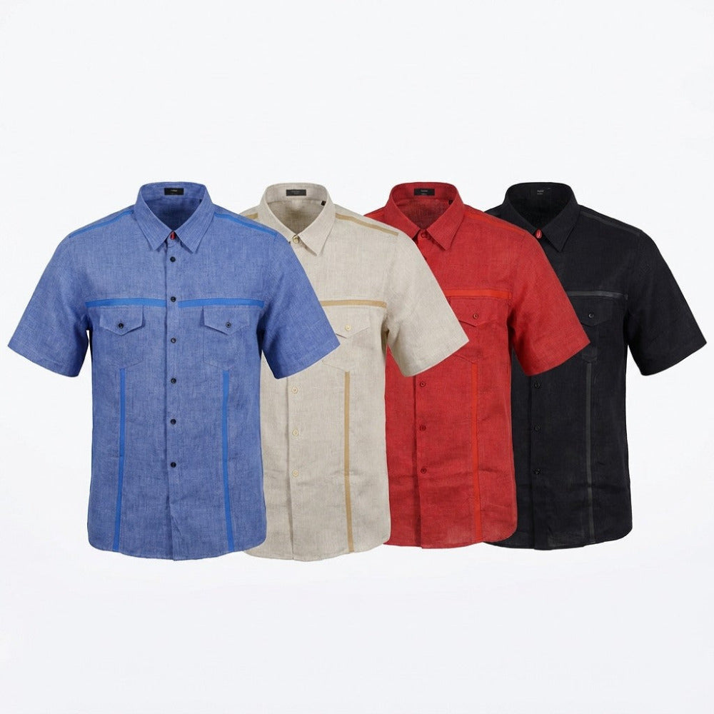 Torras linen short sleeve button-up shirt with lambskin trim, lightweight and breathable men's top, N72204.