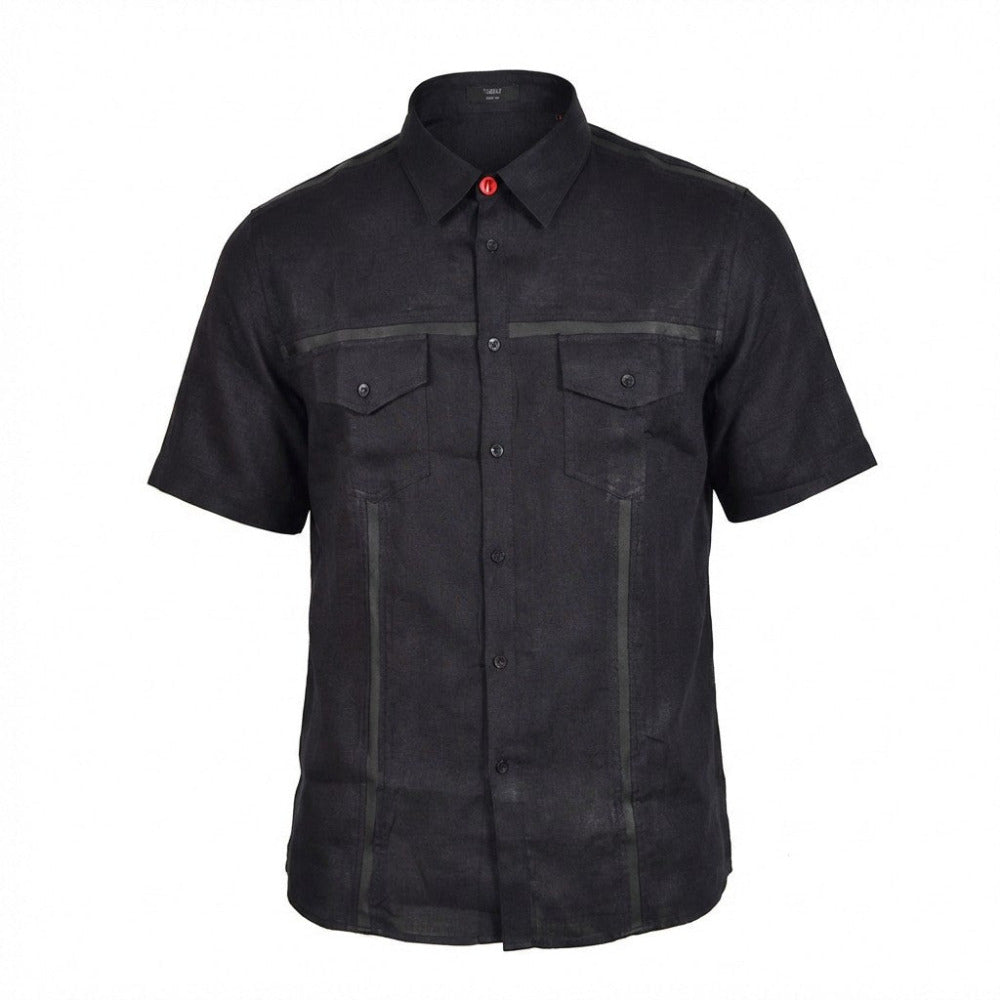 Back view of Torras linen short sleeve button-up shirt with lambskin trim, showcasing relaxed fit and stylish details.