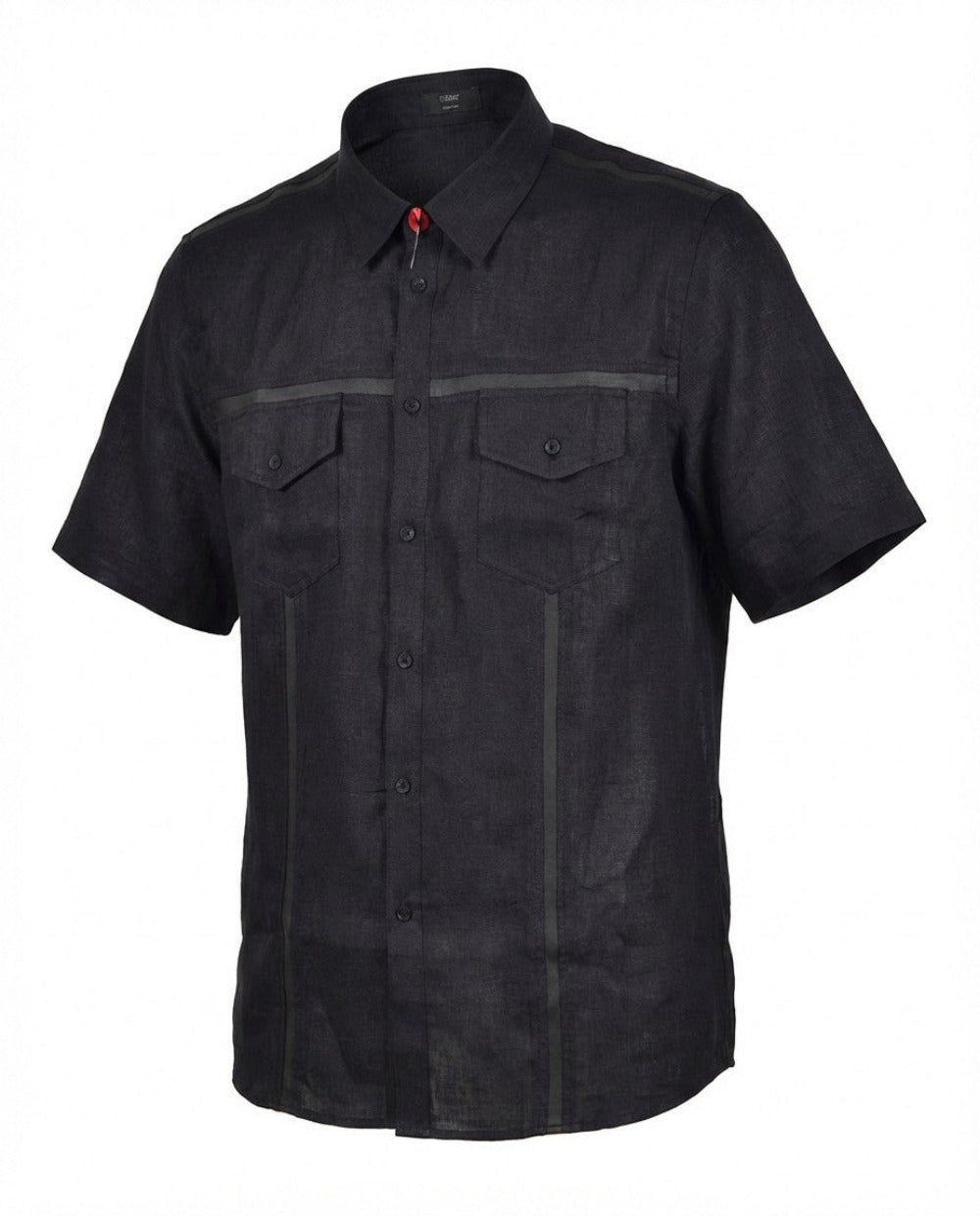 Back view of Torras linen short sleeve button-up shirt with lambskin trim, in natural light, showcasing relaxed fit and detailed collar.