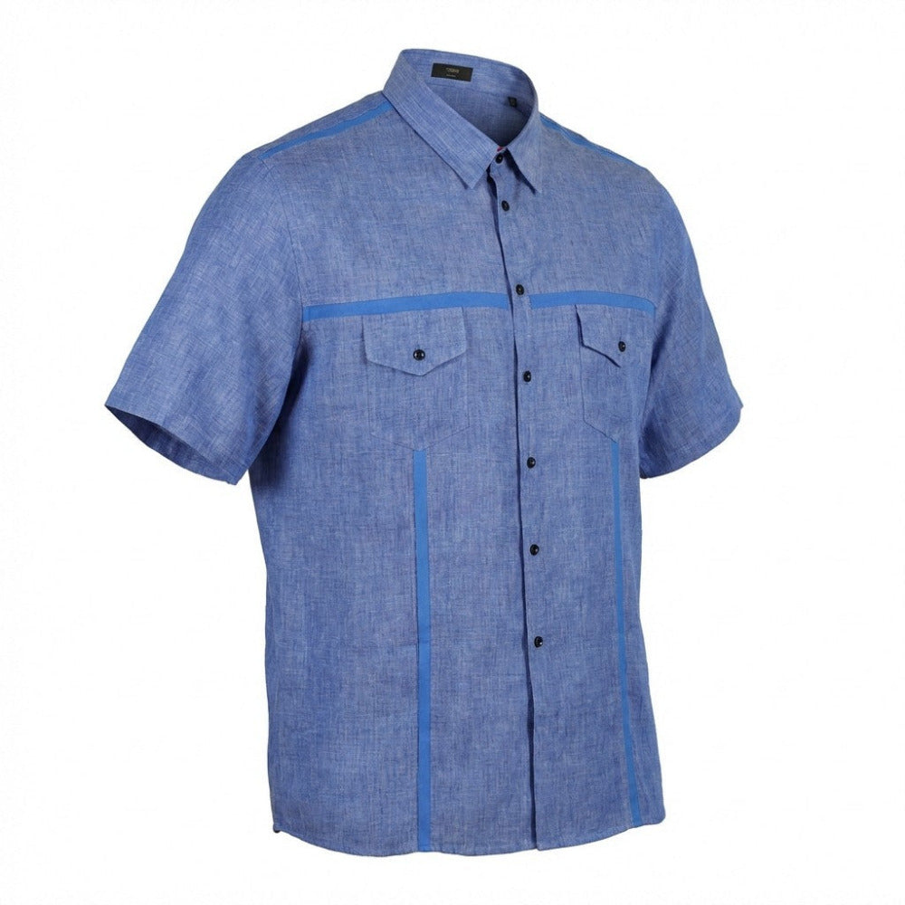 Blue Torras linen short sleeve button-up shirt with lambskin trim, casual and stylish for warm weather.