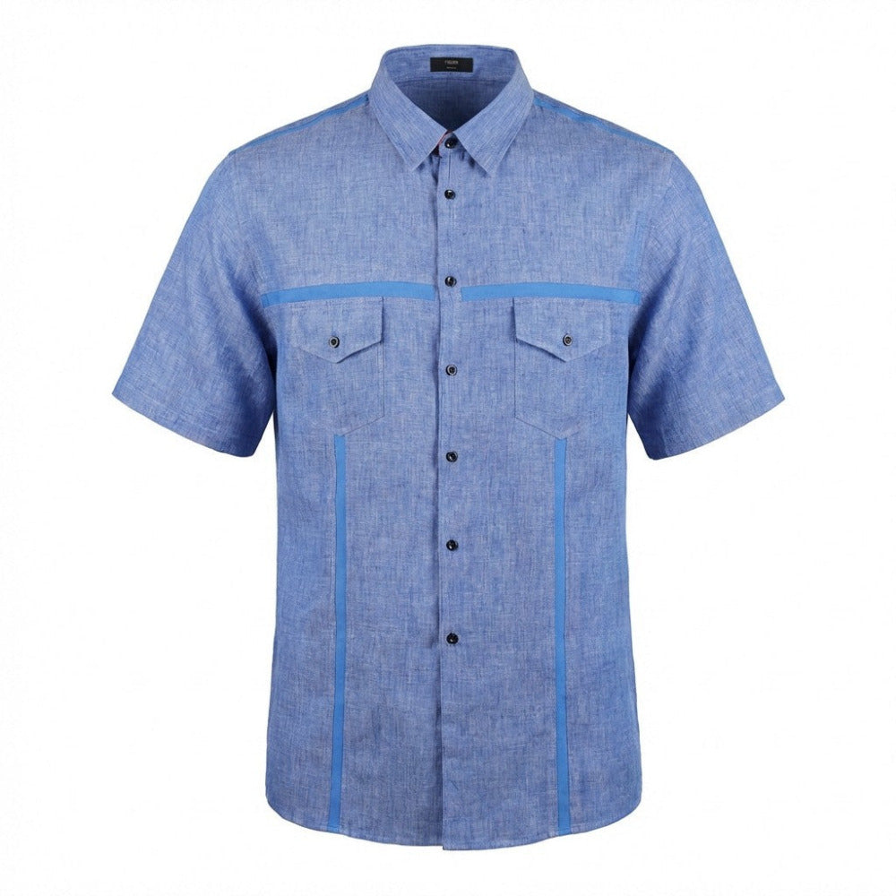 Blue Torras linen short sleeve button-up shirt with lambskin trim, casual and comfortable for warm weather wear.