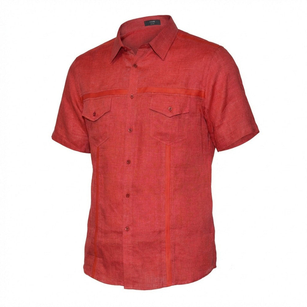 Red Torras linen short sleeve button-up shirt with lambskin trim, stylish and lightweight for casual and summer wear.