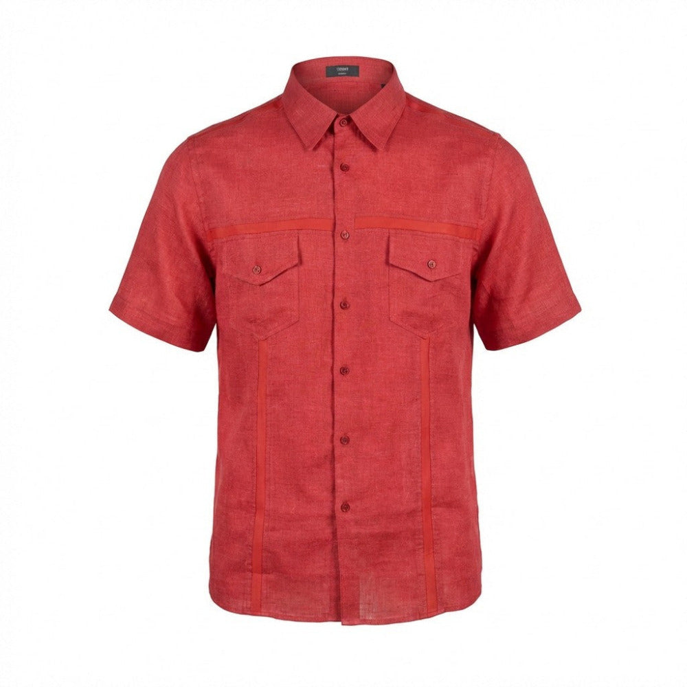 Red Torras linen short sleeve button-up shirt with lambskin trim, casual and stylish men's top, N72204 style.