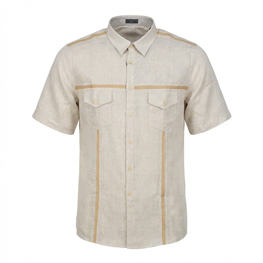 White Torras linen short sleeve button-up shirt with lambskin trim, featuring a classic collar and front buttons.