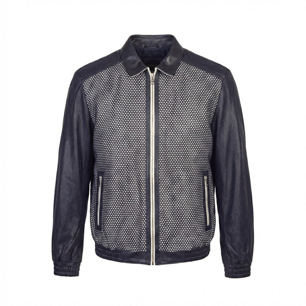 Blue Torras Perforated Light Leather Jacket, stylish coat with perforated design, slim fit and modern look.