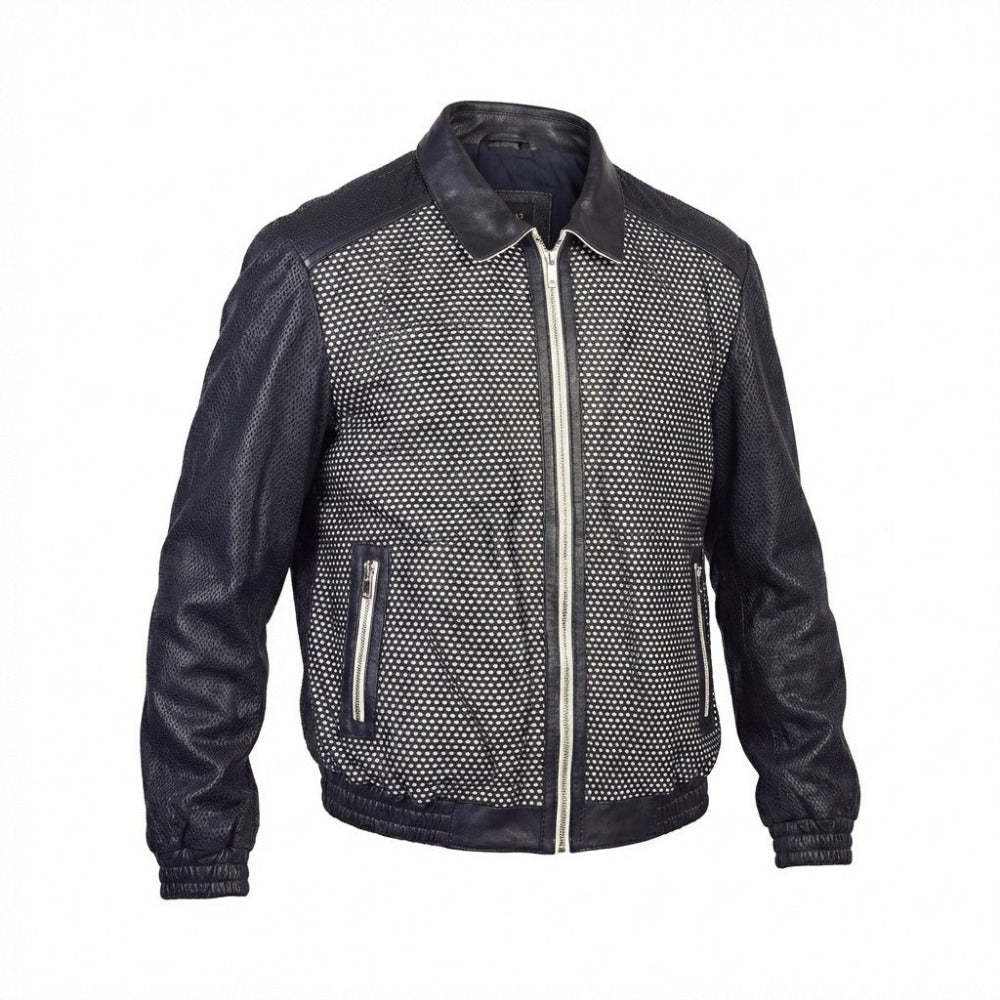 Blue Torras perforated light leather jacket, stylish coat with breathable design, perfect for casual or edgy fashion looks.
