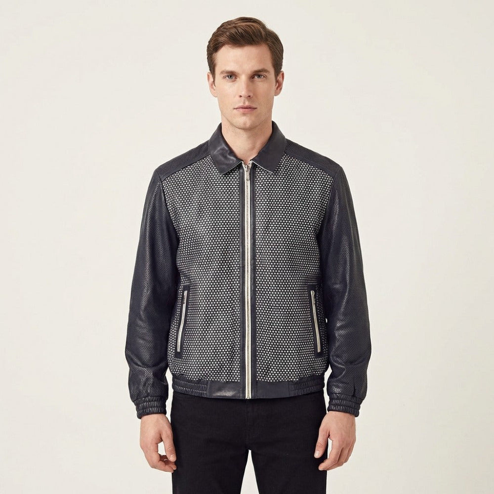 Blue Torras perforated light leather jacket, stylish coat with breathable design, shown on a mannequin.