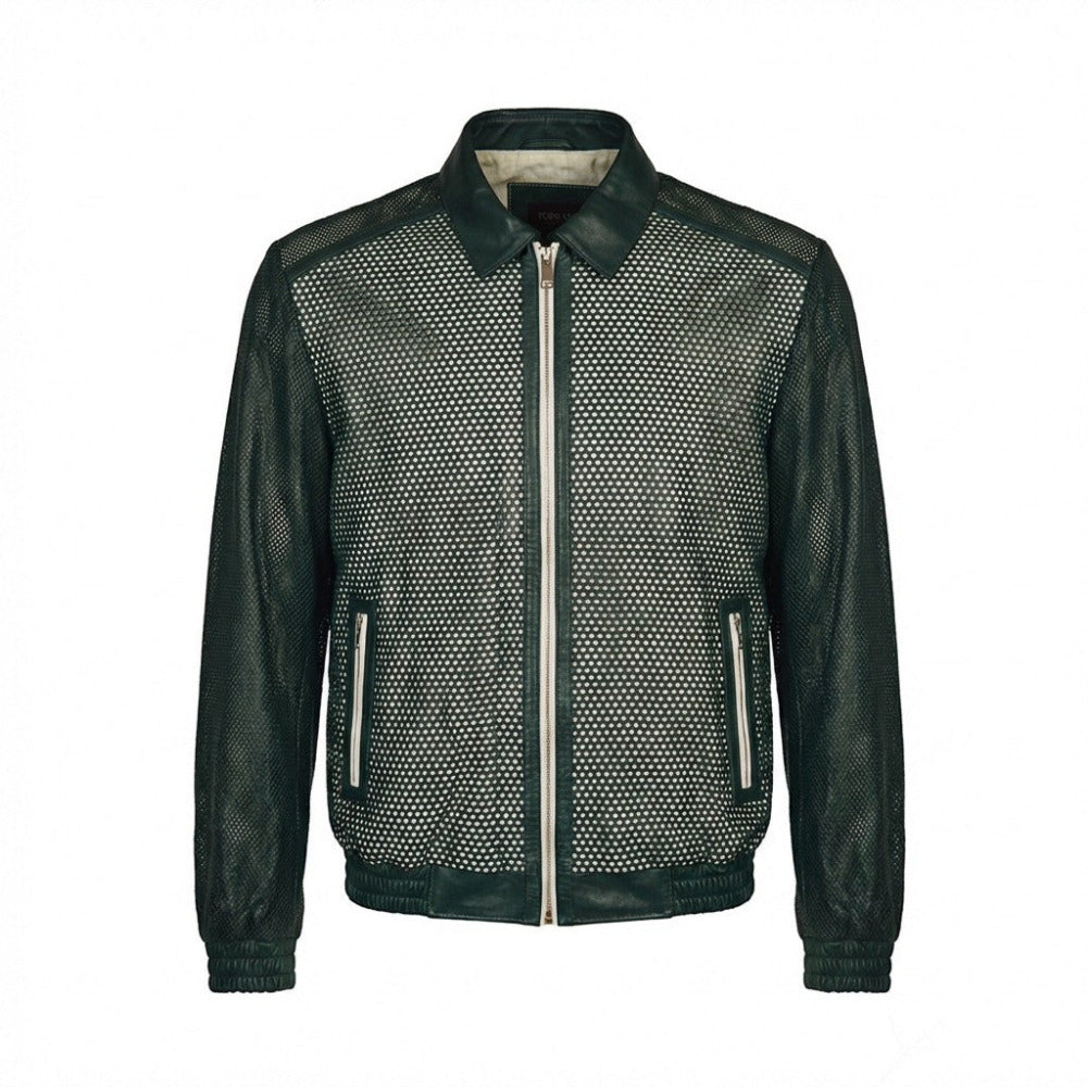 Green Torras perforated light leather jacket for men, stylish coat with breathable design and modern detailing.