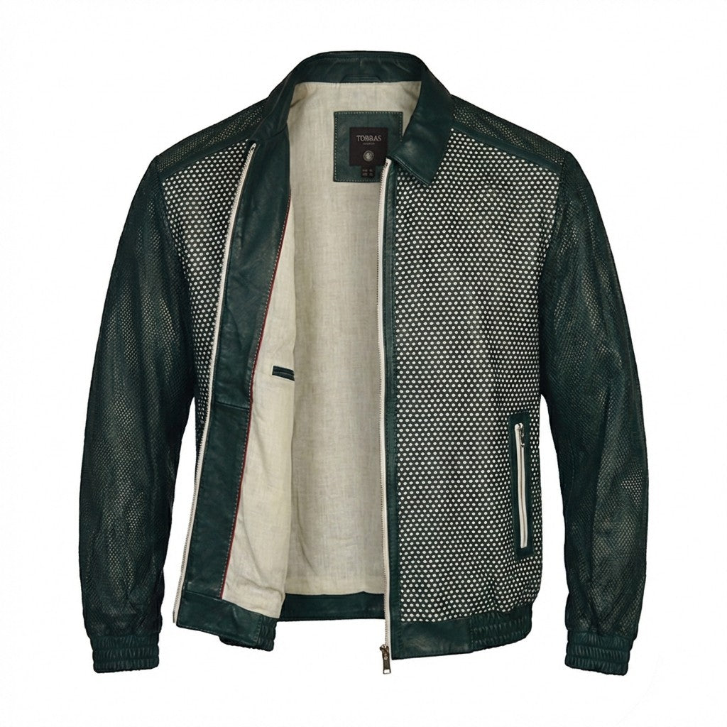 Green Torras perforated light leather jacket, stylish coat with breathable design, perfect for casual wear.