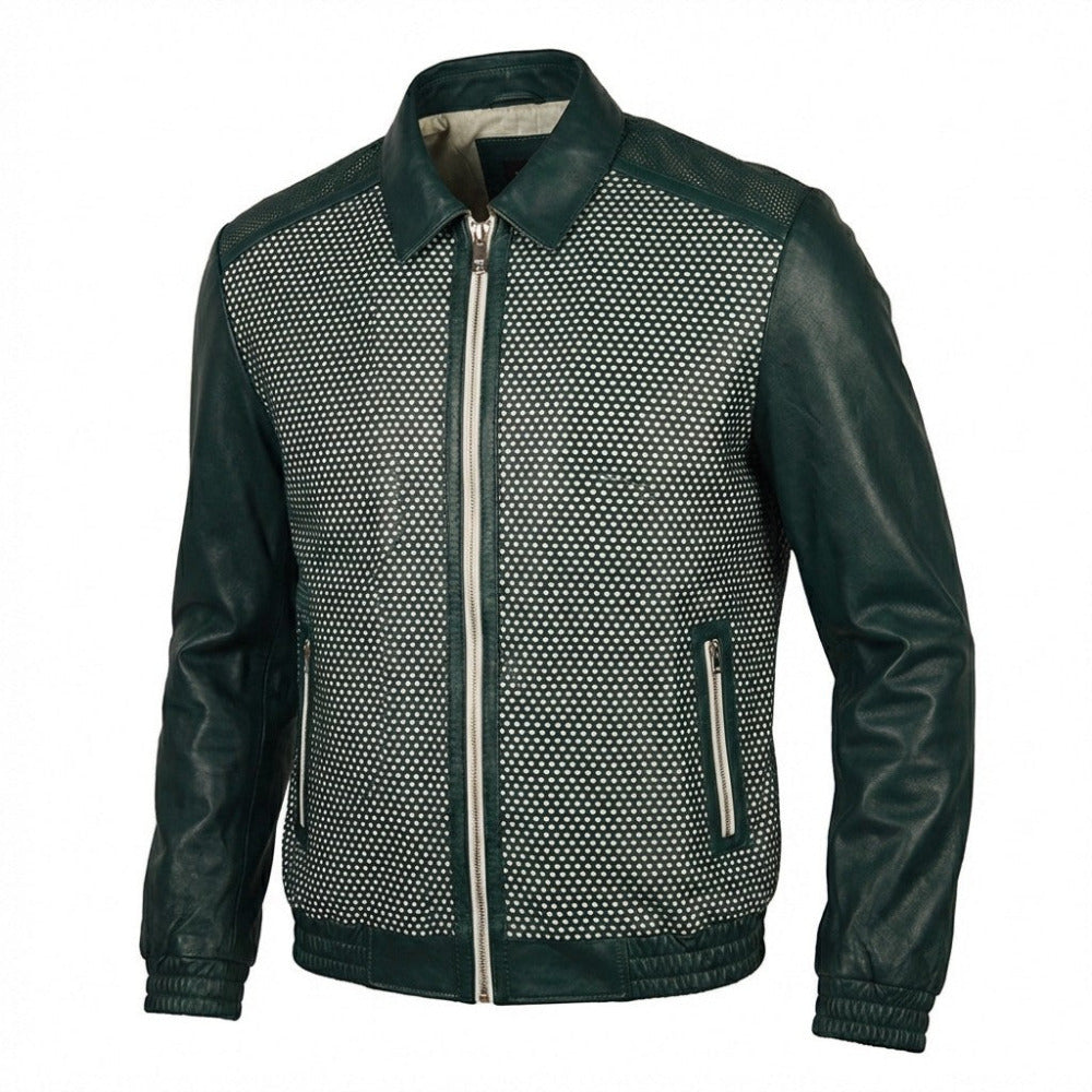 Green Torras perforated light leather jacket, stylish coat with breathable design, perfect for casual and trendy outfits.
