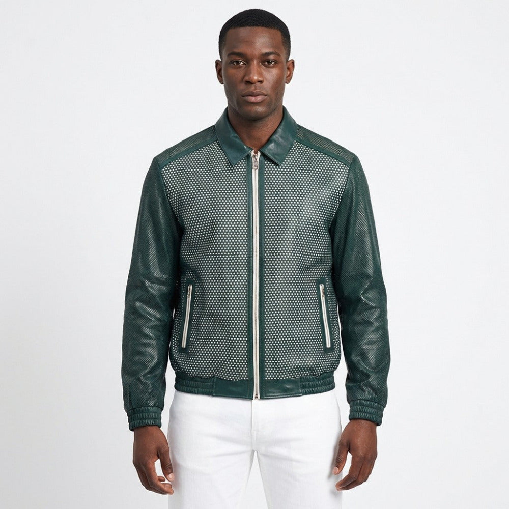 Green Torras perforated light leather jacket, stylish coat with breathable design, shown on a hanger.