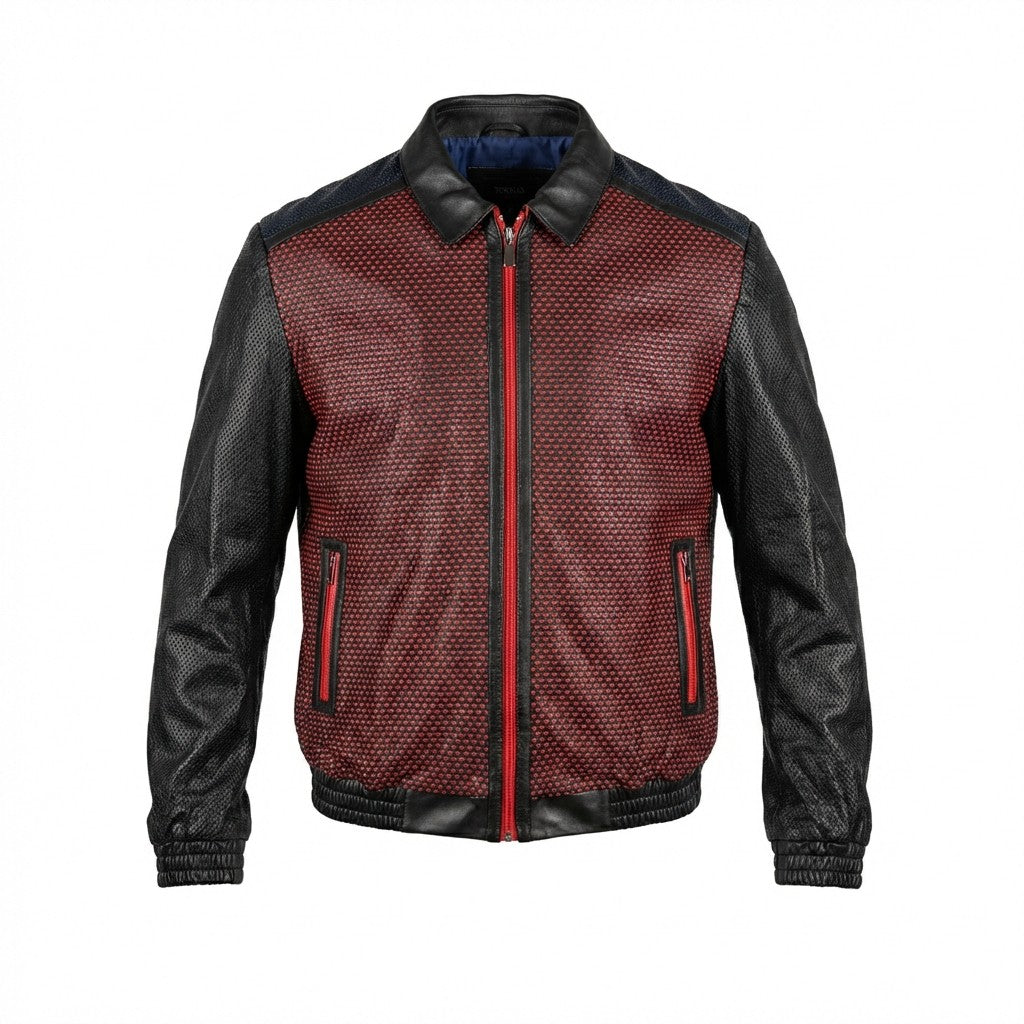 Red Torras perforated light leather jacket for men, stylish coat with breathable design and modern fit, displayed on a hanger.
