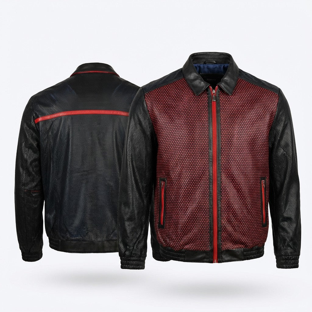 Red Torras perforated light leather jacket displayed on a hanger, showcasing its stylish design and perforated details.