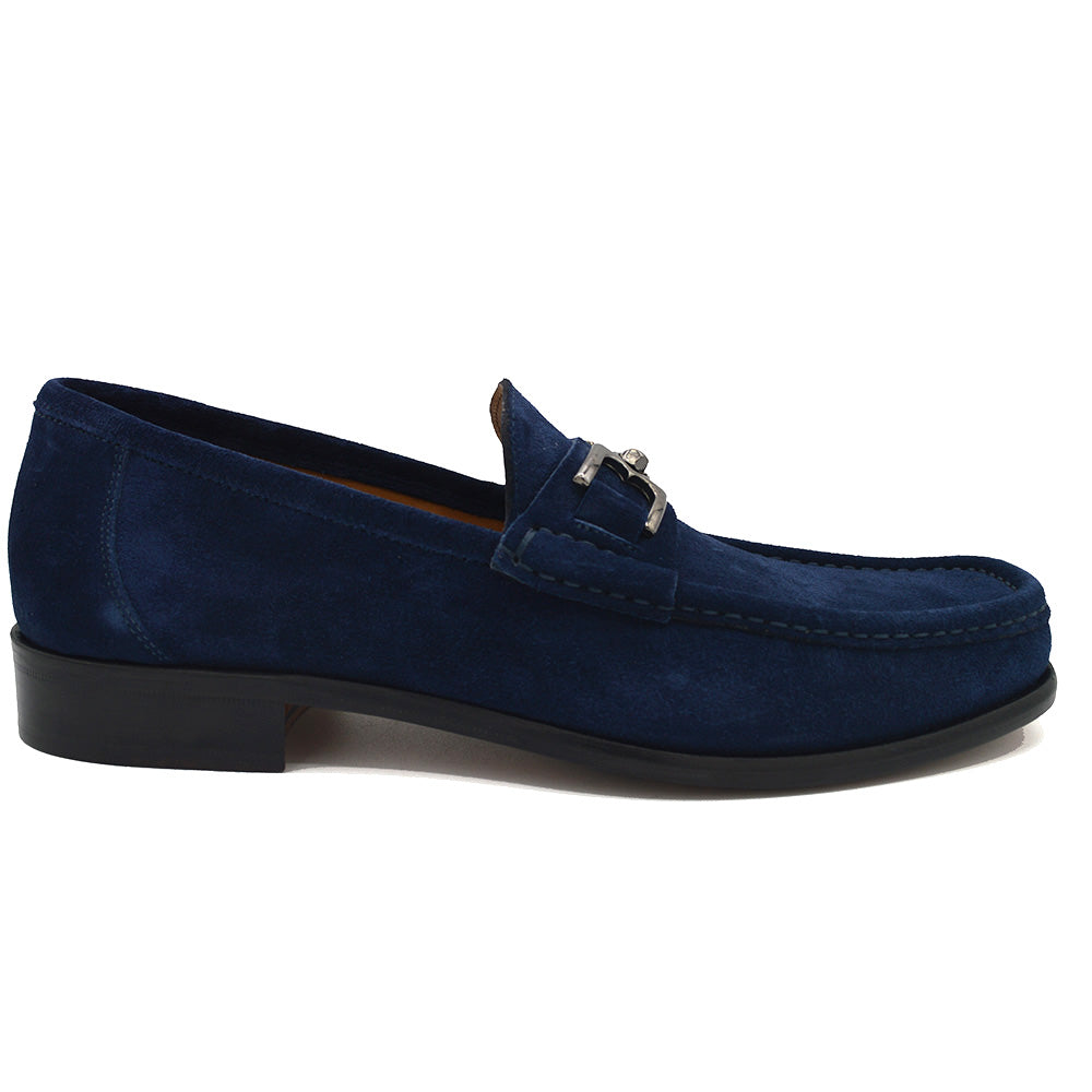 Navy Bruno Magli Trieste classic suede and leather lined moccasin loafer displayed on a white background.