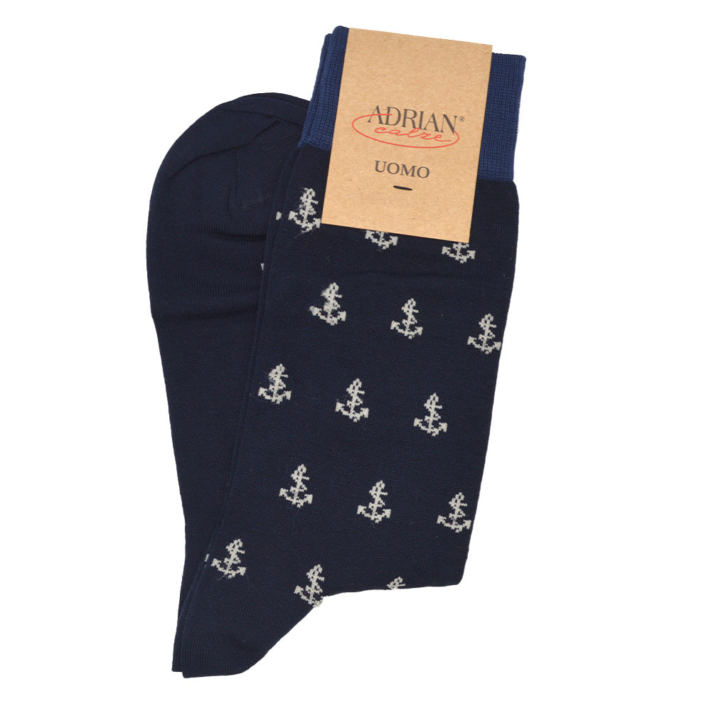 Navy blue Cellini Uomo Distretto73 men's Filoscozia cotton Seaport socks with anchor pattern for casual wear.