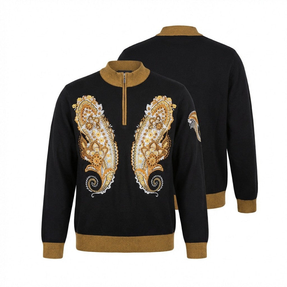 Prestige black paisley embroidered sweater with intricate paisley patterns and detailed embroidery on the front.