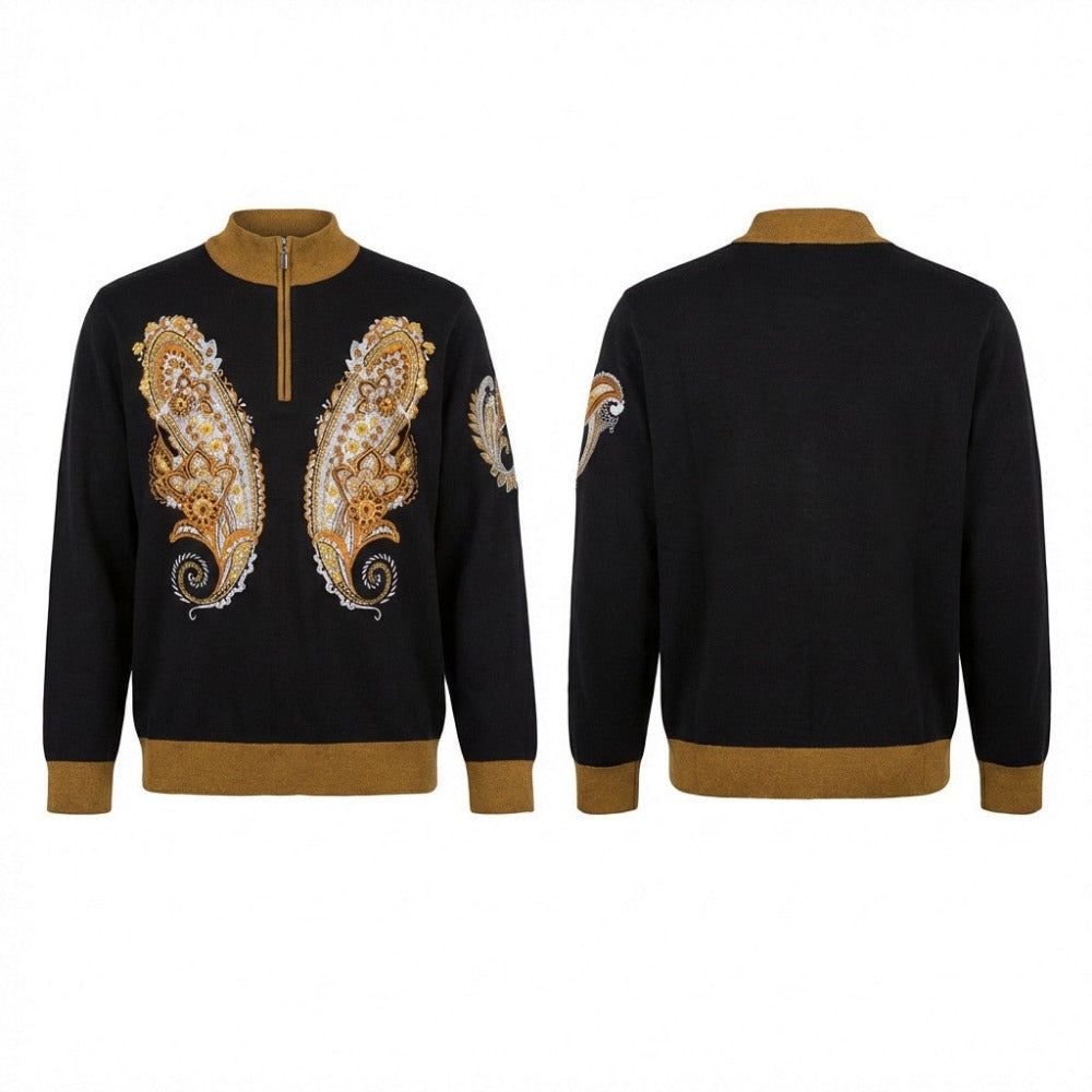 Black paisley embroidered sweater from Prestige, showcasing intricate embroidery and cozy knit fabric.