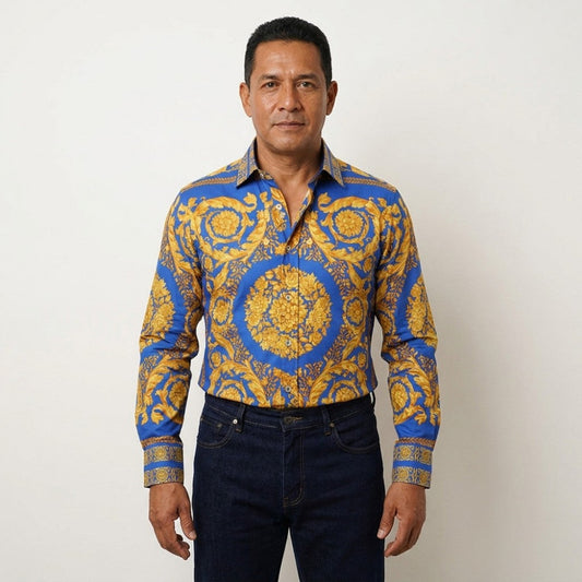 Blue and gold Philippe cotton shirt with a classic collar and long sleeves, featuring a stylish, comfortable design.
