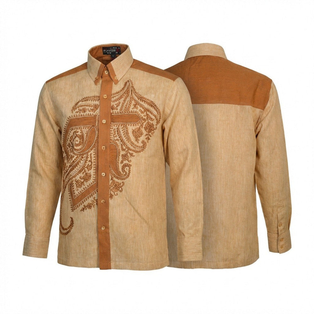 Light beige Prestige linen long sleeve button-up shirt with a classic collar and front buttons, displayed on a hanger.