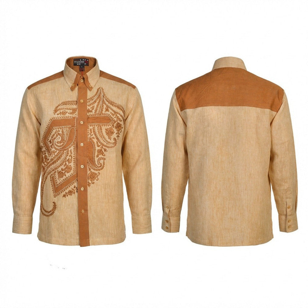 Prestige linen long sleeve button-up shirt with collar and chest pocket, stylish and breathable for casual or office wear.
