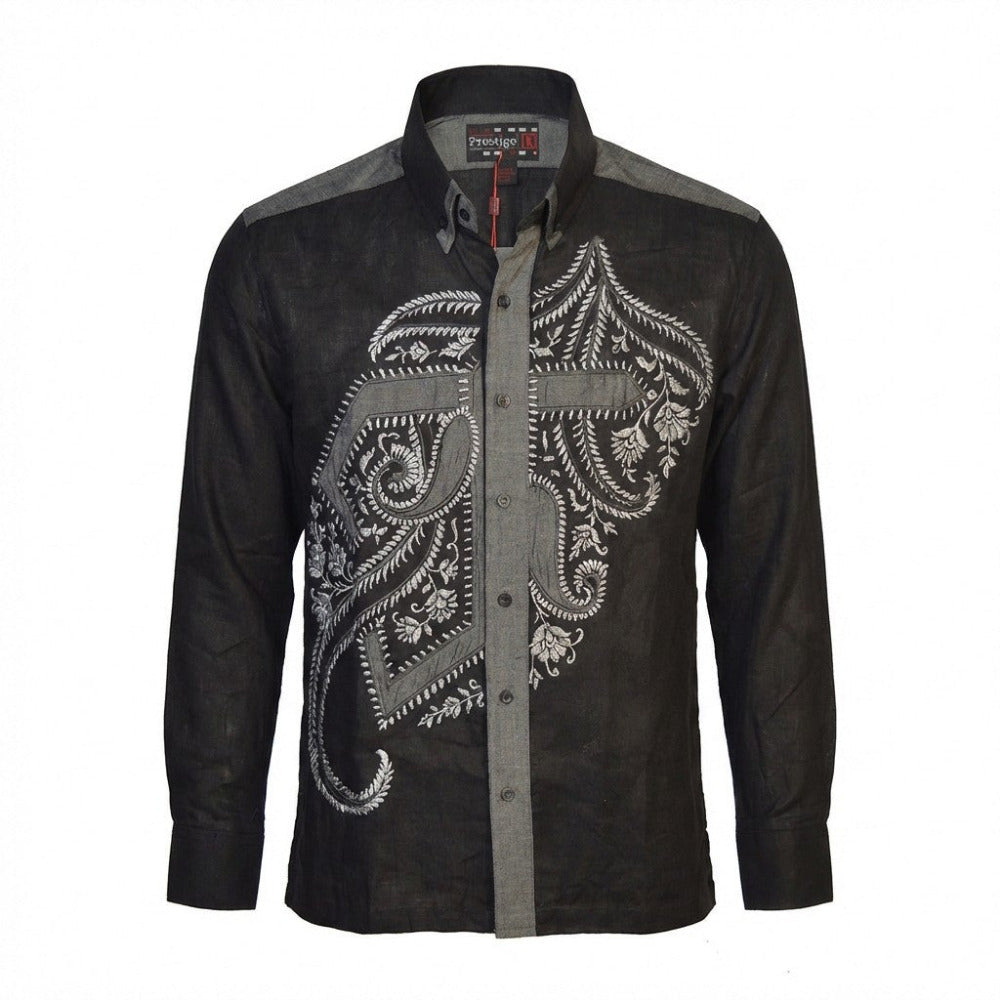 Prestige linen long sleeve button-up shirt in black, featuring a classic collar and button front, made from lightweight linen fabric.