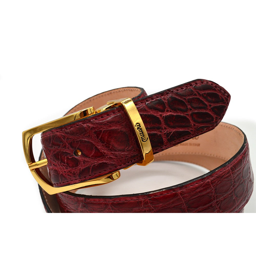 Mauri alligator leather belt in rich ruby red with a sleek buckle, stylish accessory for men or women.
