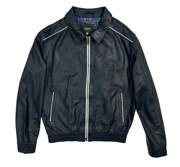 Torras men's perforated leather jacket with a zipper, featuring a stylish design and textured leather surface.