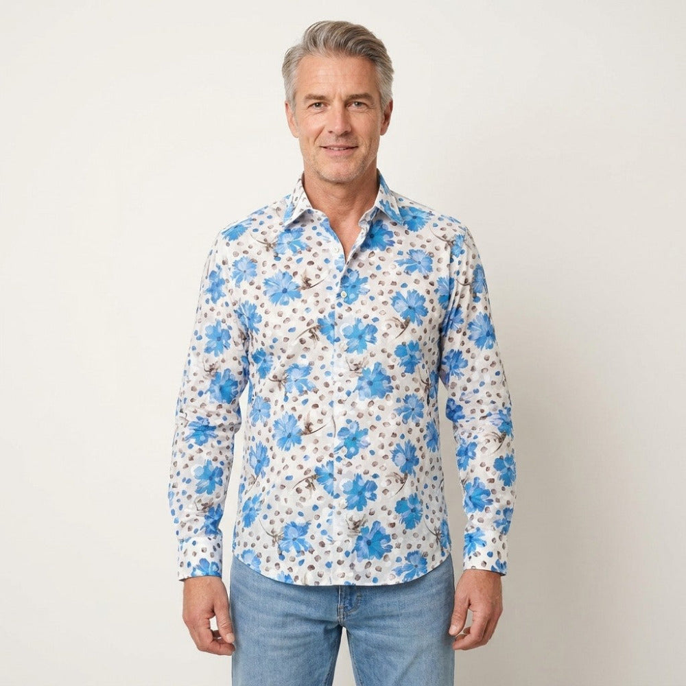 Tarcisio cotton button-up blue shirt with long sleeves and a classic collar, displayed flat on a neutral background.