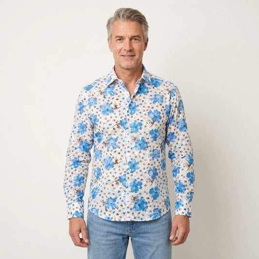 Tarcisio cotton button-up blue shirt with long sleeves and a classic collar, displayed flat on a neutral background.