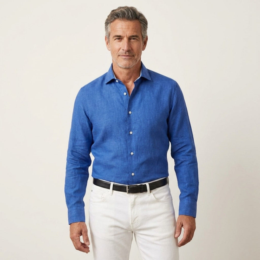 Torras Premium 100% Italian linen long-sleeve shirt in blue, featuring a classic fit and button-up design for a stylish look.