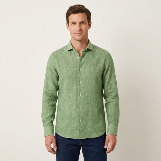 Torras premium 100% Italian linen long-sleeve shirt in green with a classic collar and button-down front.