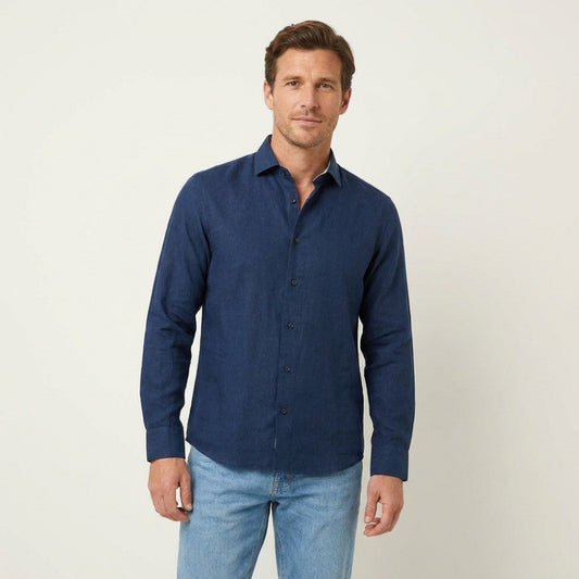 Navy Torras long-sleeve shirt made of premium 100% Italian linen, featuring a classic fit and button-down front.