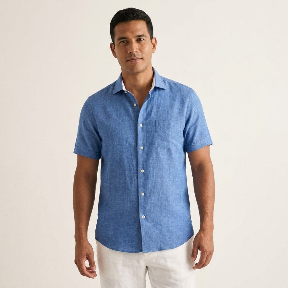 Torras premium Italian 100% linen short-sleeve shirt in blue, featuring a classic collar and relaxed fit for casual wear.