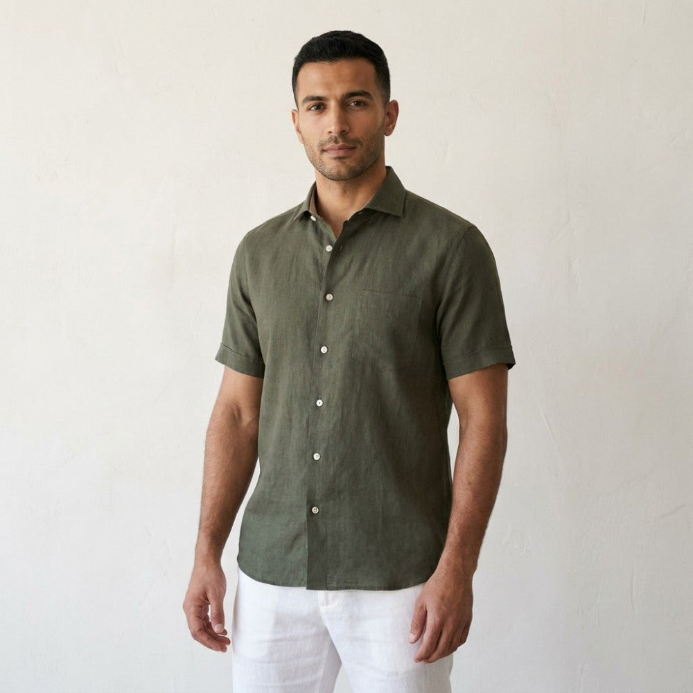 Torras premium Italian 100% linen short-sleeve shirt in olive green, lightweight and breathable for casual wear