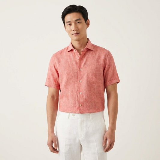 Orange Torras premium Italian 100% linen short-sleeve shirt displayed on a hanger, showcasing lightweight, breathable fabric and classic style.