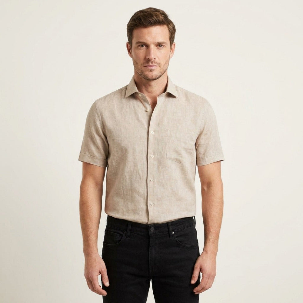 Torras premium Italian 100% linen short-sleeve shirt in tan, lightweight and breathable fabric, casual summer shirt.