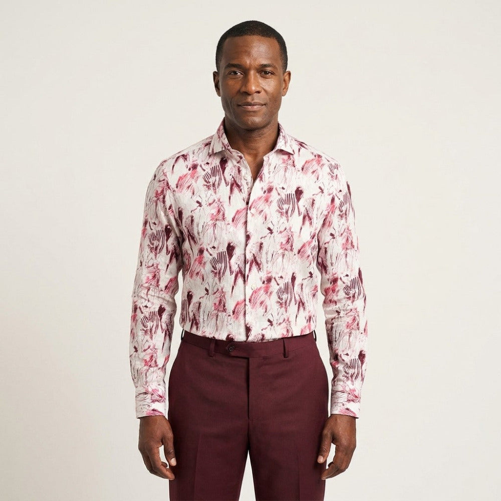 Torras designed 100% linen shirt in burgundy, featuring a relaxed fit and classic collar, displayed on a mannequin.