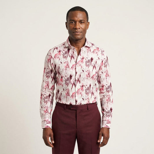 Torras designed 100% linen shirt in burgundy, featuring a relaxed fit and classic collar, displayed on a mannequin.