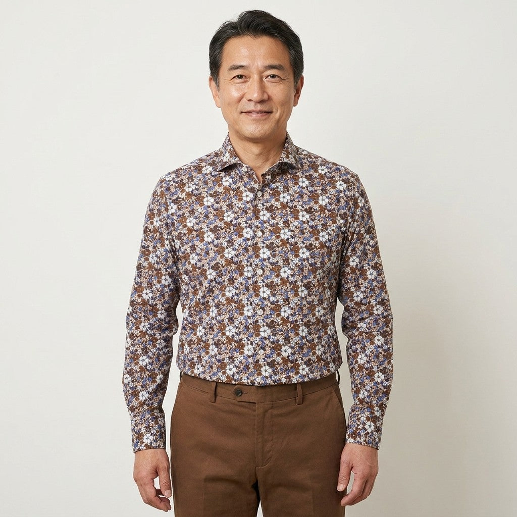Torras floral print cotton shirt in brown with a relaxed fit, featuring a button-up front and long sleeves.