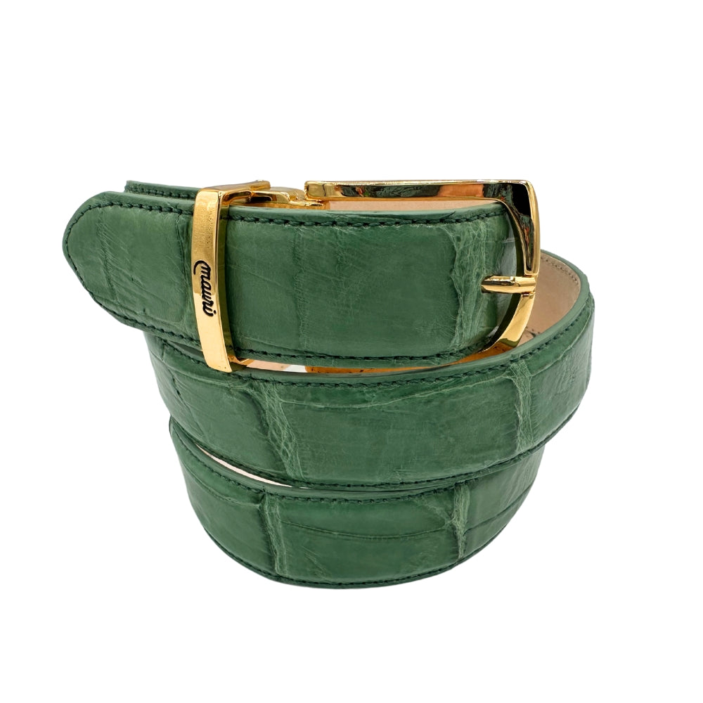 Mauri Alligator Belt with textured black leather strap and silver buckle, stylish accessory for men.