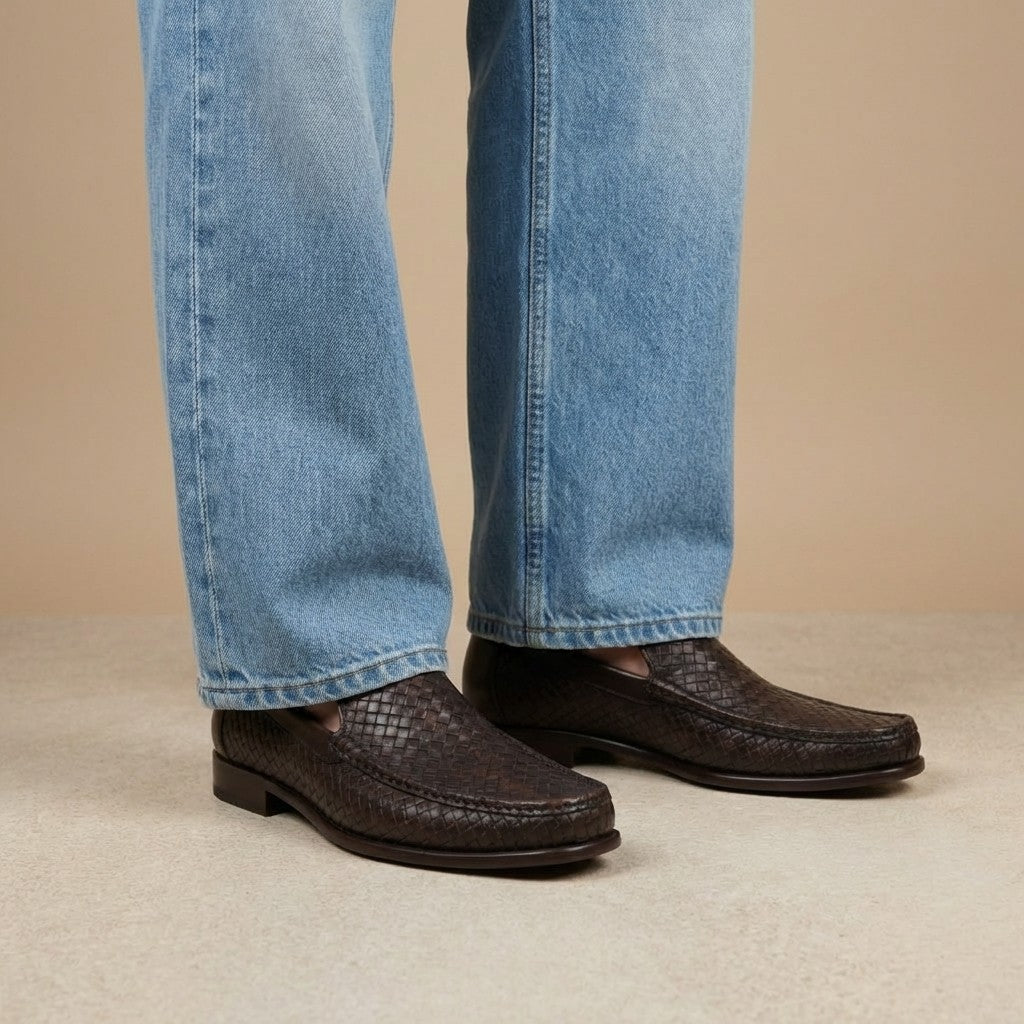 Bruno Magli Tonio brown woven loafer showing detailed woven leather design and classic slip-on style.