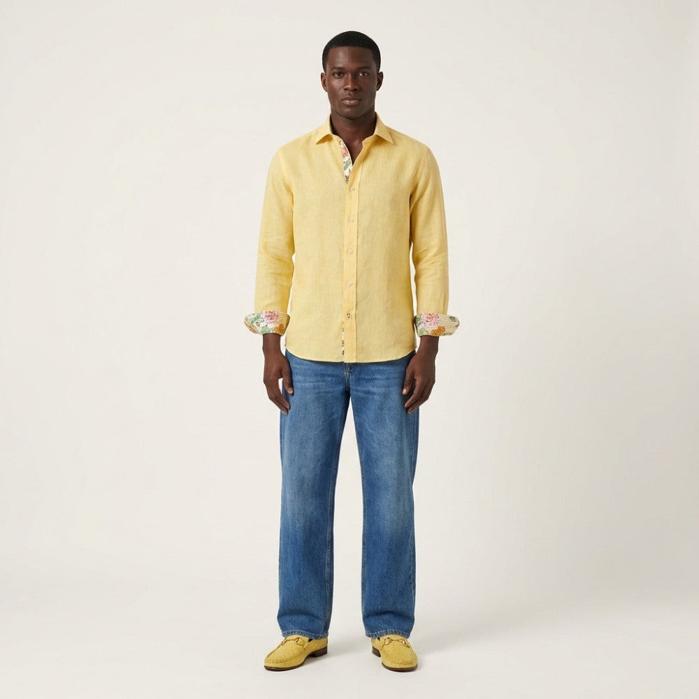 Yellow Andrea Bossi linen button-up long-sleeve shirt with a classic collar and relaxed fit, made from lightweight, breathable fabric.