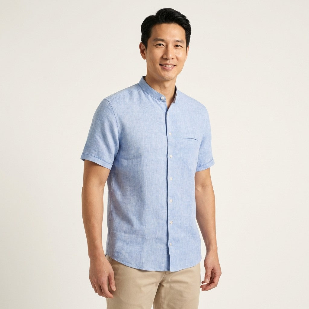 Andrea BOSSI short sleeve linen shirt in blue, featuring a button-up front and classic collar.