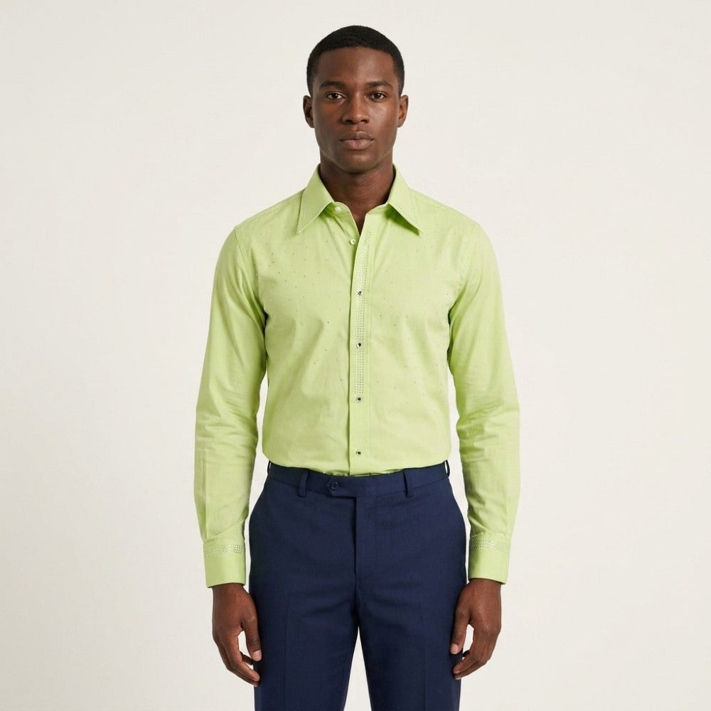 Green Andrea Bossi studded dress shirt with button-down collar and stylish detailing, perfect for a sophisticated look.