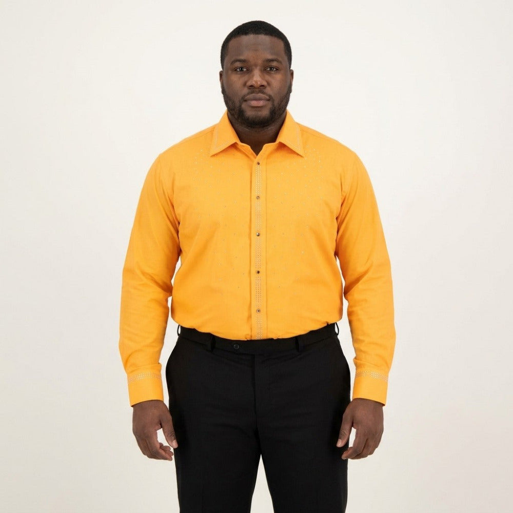 Orange Andrea Bossi studded dress shirt with button-down collar and intricate studded details, stylish men's or women's shirt.