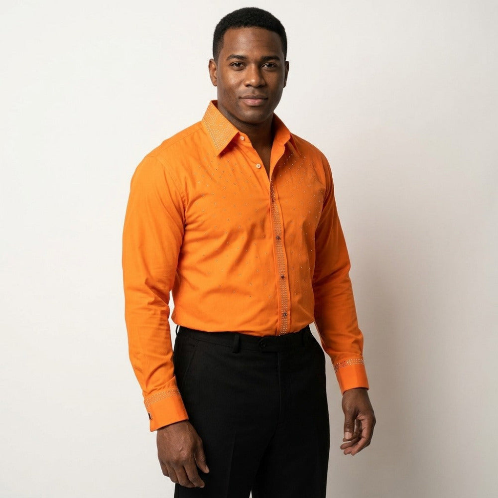 Andrea Bossi studded dress shirt in dark orange, featuring a classic button-up design with stud accents for a stylish look.