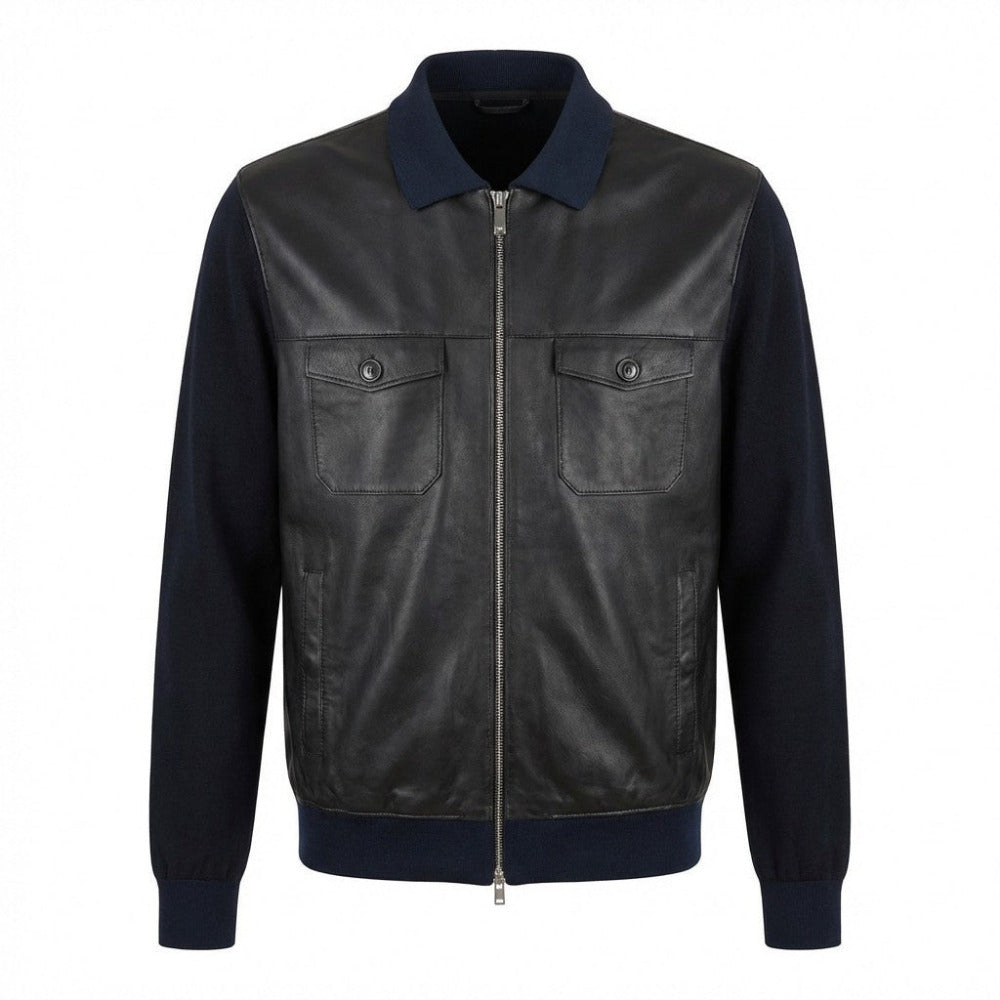 Torras L42E423A black and navy leather and knit jacket, stylish coat with mixed textures, front view showing collar and zipper.