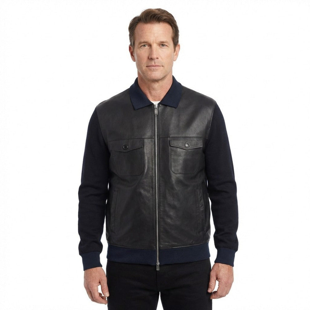 Black and navy Torras L42E423A leather and knit jacket displayed on a hanger, showcasing its stylish design and mixed material texture.